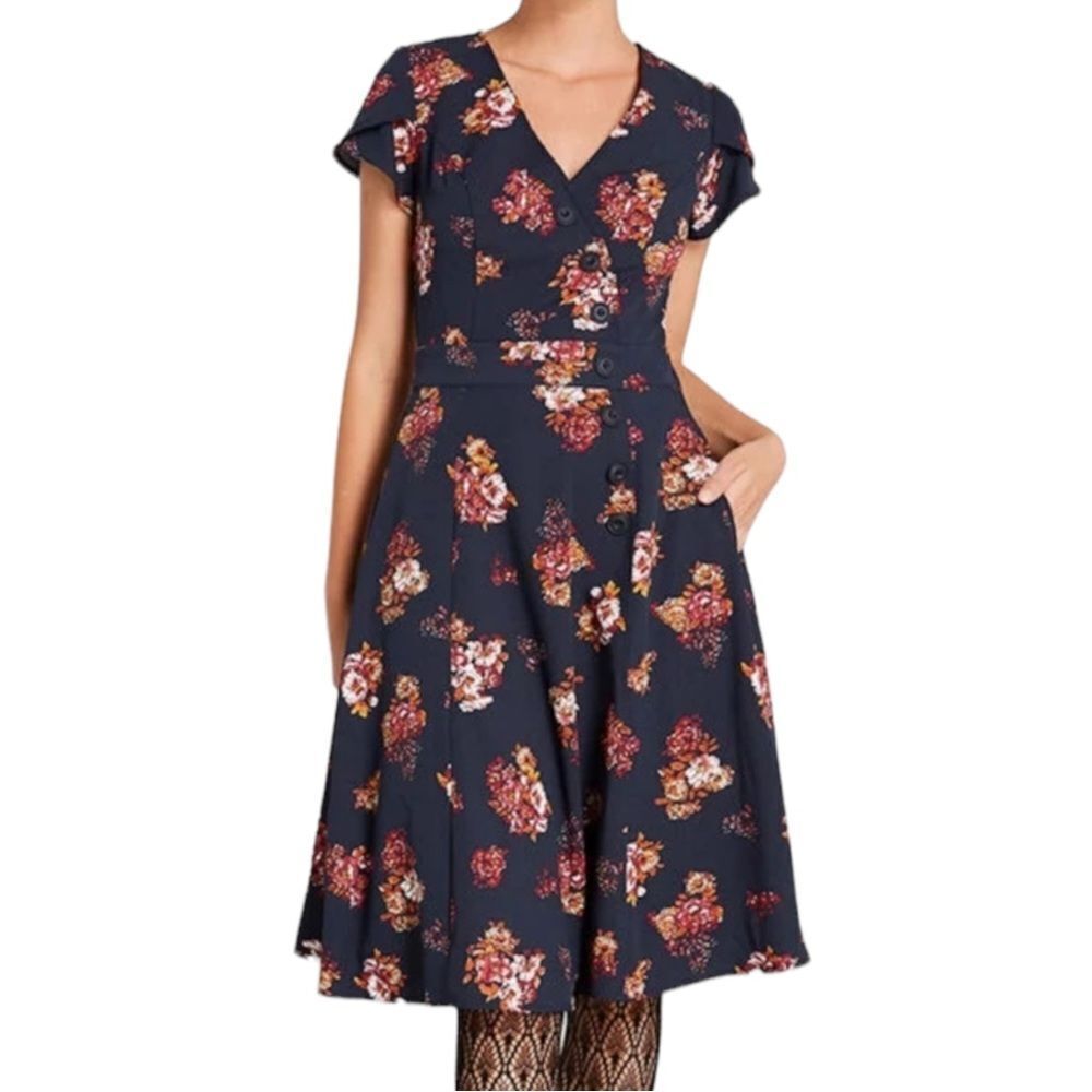 MODCLOTH Sentimental Special Retro 1940's Style Navy & Nutmeg Floral Dress L